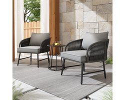 Bistro set van 3 - balkonmeubelset - handgeweven touw - glazen blad - stoelen met een draagvermogen van 160 kg - grijs