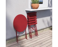 Bistro Tuinset Rood 3-delig – 2 Klapstoelen + 1 Ronde Tafel – 71x60x60 cm – Modern Balkon en Tuinmeubel – Stalen Buiten Set – Inklapbaar en Ruimtebesparend – Laura