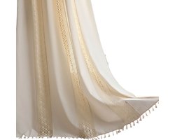 Bistrogordijn - Boho kort gordijn - Beige met kwastjes - Paneelgordijnen - Keukengordijnen - Ondoorzichtige katoenen linnen gordijnen - Vintage landhuis - Boerderij raamgordijnen - 1 stuk