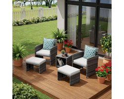 Bistroset 2 Personen Oranje Grijs – 5-delige Rattan Tuinset met 2 Fauteuils, 2 Hockers en Bijzettafel, Inclusief Kussens en 4 Extra Hoezen Taupe – Medahomestore