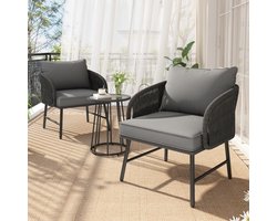 Bistroset 3-delig, balkonmeubelset, handgevlochten touw, glazen tafelblad, stoelen met een draagvermogen van 160 kg, geschikt voor terras, tuin en balkon, grijs