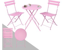 Bistroset 3-delig - Balkonmeubelset Tuinset - Buiten Zitten - Inklapbaar Robuust Metaal - Tafel 60cm Stoel 82cm - Roze