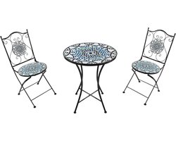 Bistroset 3-delig met Mozaïek Design, Rond 60x60x92 cm – Tafel en 2 Klapstoelen voor Balkon, Tuin & Terras – Comfortabel & Ruimtebesparend – Klassiek Stijlvol Buitenmeubel – Laura