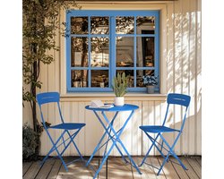 Bistroset 3-delig Opvouwbaar – Balkonset met Tafel en 2 Stoelen Weerbestendig Metaal – Compacte Tuinset voor Balkon & Terras Blauw Met Groef – Urbanhome