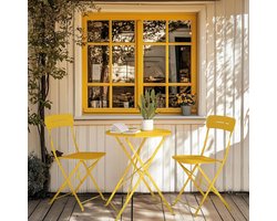 Bistroset 3-delig Opvouwbaar – Balkonset met Tafel en 2 Stoelen Weerbestendig Metaal – Compacte Tuinset voor Balkon & Terras Geel – Urbanhome