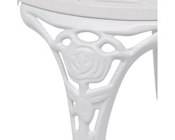 Bistroset 3-delig rond 59x59x62 cm wit – tuintafel met 2 stoelen van hoogwaardig gegoten aluminium en gietijzeren poten – elegant bloemenpatroon balkonset voor tuin, terras of balkon – Laura