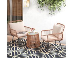 Bistroset Balkon 3-Delig 63,5 x 61,9 x 79,2 cm Rotan Tuinset met Kussens en Glazen Tafel – Beige/Wit/Roze – Laura
