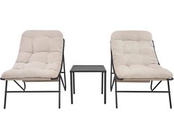 Bistroset Grijze 3-Delig Buiten Patio Terras Balkon Tuinmeubelen 2 Gebogen Loungestoel Crème Dikke Kussens Salontafel Gepoedercoat Staal Metaal Frame Incl. Regenhoes