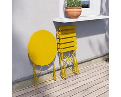 Bistroset inklapbaar 3-delig – Tuinset met 2 stoelen en ronde tafel 97 x 17 x 63 cm – Stalen balkonset, weerbestendig, compact en draagbaar – Geel – Laura