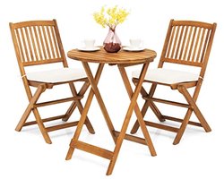 Bistroset met inklapbare tafel en stoelen van acaciahout met kussens voor tuin en terras