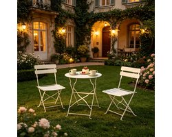 Bistroset - Opvouwbare Metalen Bistroset - 3-Delige Balkonset Crème - Draagbare Patio Meubelset - Ø 58 cm Tafel - Inklapbaar - Voor Balkon En Tuin