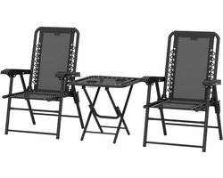 Bistroset - Tuinmeubel 3-delig - Opklapbare Tuinset - Balkonset voor 2 Personen - Stalen Tuinmeubelset met 2 Stoelen + Tafel + Bekerhouders - Weerbestendig - Zitgroep - Meubel - Loungeset - Meubelsets - voor Tuin, Balkon, Terras - Zwart