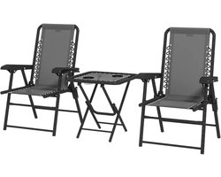 Bistroset - Tuinmeubel 3-delig - Opklapbare Tuinset - Balkonset voor 2 Personen - Stalen Tuinmeubelset met 2 Stoelen + Tafel + Bekerhouders - Weerbestendig - Zitgroep - Meubel - Loungeset - Meubelsets - voor Tuin, Balkon, Terras - Donkergrijs