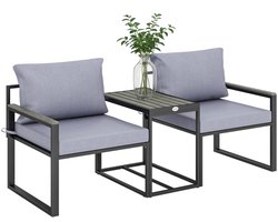 Bistroset - Tuinmeubel 3-delig - Tuinset - Balkonset - Tuinmeubelset met 2 Fauteuils + Tafel + Afneembare Zit- en Rugkussens - Balkonset - Zitgroep - Meubel - Loungeset - Meubelsets - voor Tuin, Balkon, Terras - Zwart + Grijs