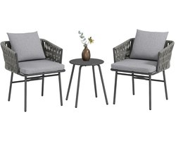 Bistroset - Tuinmeubel 3-delig - Tuinset - Balkonset - Tuinmeubelset met 2 Stoelen + Tafel + 4 Kussens - Balkonset - Zitgroep - Meubel - Loungeset - Meubelsets - voor Tuin, Balkon, Terras - Kunstrotan - Stalen Frame - Grijs