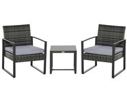 Bistroset - Tuinmeubel 3-delig - Tuinset - Balkonset voor 2 Personen - Tuinmeubelset met 2 Stoelen met kussens + Tafel - Zitgroep - Meubel - Loungeset - Meubelsets - voor Tuin, Balkon, Terras - Grijs