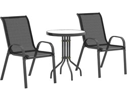 Bistroset - Tuinmeubel 3-delig - Tuinset - Tuinmeubelset met 2 Stapelbare Stoelen + Glazen Tafel - Balkonset - Zitgroep - Meubel - Loungeset - Meubelsets - voor Tuin, Balkon, Terras - Zwart