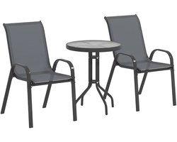 Bistroset - Tuinmeubel 3-delig - Tuinset - Tuinmeubelset met 2 Stapelbare Stoelen + Glazen Tafel - Balkonset - Zitgroep - Meubel - Loungeset - Meubelsets - Weerbestendig - voor Tuin, Balkon, Terras - Donkergrijs