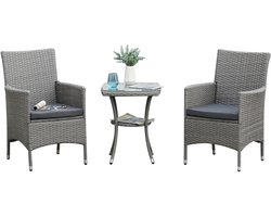 Bistroset - Tuinmeubel 3-delig - Tuinset van Polyrattan - Balkonset voor 2 Personen - Tuinmeubelset met 2 Stoelen + Tafel + Kussens - Zitgroep - Meubel - Loungeset - Meubelsets - voor Tuin, Balkon, Terras - Grijs
