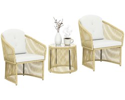 Bistroset - Tuinmeubel 3-delig - Tuinset van Rotan - Balkonset - Tuinmeubelset met 2 Fauteuils + Tafel + Kussens - Balkonset - Zitgroep - Meubel - Loungeset - Meubelsets - voor Tuin, Balkon, Terras - Crèmewit