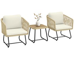 Bistroset - Tuinmeubel 3-delig - Tuinset van Rotan - Balkonset voor 2 Personen - Tuinmeubelset met 2 Fauteuils + Lattenhouten Tafel + Wasbare Kussens - Zitgroep - Meubel - Loungeset - Meubelsets - voor Tuin, Balkon, Terras