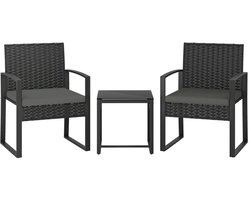 Bistroset - Tuinmeubel 3-delig - Tuinset van Rotan - Balkonset voor 2 Personen - Tuinmeubelset met 2 Stoelen + Tafel + Afneembare Kussens - Zitgroep - Meubel - Loungeset - Meubelsets - voor Tuin, Balkon, Terras - Donkergrijs