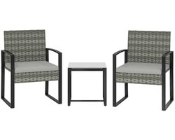 Bistroset - Tuinmeubel 3-delig - Tuinset van Rotan - Balkonset voor 2 Personen - Tuinmeubelset met 2 Stoelen + Tafel + Afneembare Kussens - Zitgroep - Meubel - Loungeset - Meubelsets - voor Tuin, Balkon, Terras - Lichtgrijs