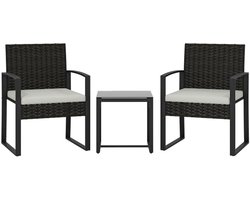 Bistroset - Tuinmeubel 3-delig - Tuinset van Rotan - Balkonset voor 2 Personen - Tuinmeubelset met 2 Stoelen + Tafel + Afneembare Kussens - Zitgroep - Meubel - Loungeset - Meubelsets - voor Tuin, Balkon, Terras - Zwart