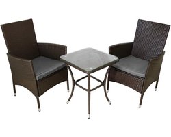 Bistroset Tuinset 3 Delig Bruin Rotan Tuinmeubilair met Glazen Tafel en Grijze Kussens