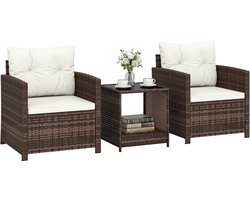 Bistroset van rotan - 3 - delige tuinset met 2 fauteuils - glazen tafel met 2 niveaus - afneembare zitkussens - crèmewit