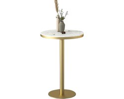 Bistrotafel Rond - Bartafel Keuken - Koffie Drinken - Marmeren Blad - 55x55x105cm - Wit Goud
