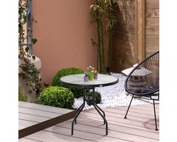 Bistrotafel - Rond Met Parasolgat En Gehard Glazen Blad - Voor Balkon Tuin En Terras - Metaal En Glas - 80 X 72 Cm - Zwart