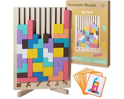 Bitey Houten Speelgoed Tetris Puzzel - Kinder Speelgoed - Leren & Spelen - Educatief Peuter & Kleuter Speelgoed 3 jaar – 3D Blokken met Houder + Opdrachtkaarten