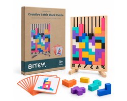 Bitey Houten Speelgoed Tetris Puzzel - Kinder Speelgoed - Montessori Speelgoed - Leren & Spelen - Educatief Peuter & Kleuter Speelgoed 3 jaar – 3D Blokken met Houder + Opdrachtkaarten
