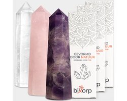Bixorp Gems Edelsteen Punt set van Gouden Driehoek - Rozenkwarts + Amethist + Bergkristal - Edelstenen Obelisk - Decoratieve Toren van 100% Natuurlijke Edelsteen - 6 tot 8cm