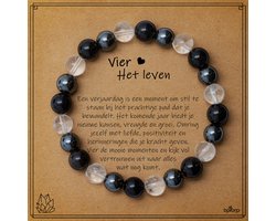 Bixorp Hematiet + Bergkristal + Obsidiaan Armband op Cadeau Kaartje - Vier het Leven - 8mm / 18cm Edelsteen Kralenarmband - Inclusief Cadeau Envelop