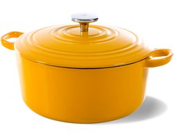 BK Bourgogne Braadpan Gietijzer 24cm/4.2l - inductie braadpan - gietijzeren braadpan - ovenbestendig tot 230 graden - deksel met druipringen - wit geëmailleerde binnenkant - Sunny Yellow
