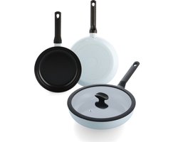 BK Enjoy Aluminium Pannenset 3-delig - Ø20/28cm Koekenpannen - Ø 28cm Hapjespan met deksel – PFAS-vrij – Inductie Koekenpan – Inductie Hapjespan – Ovenbestendig tot 160°C – Vaatwasserbestendig – Snelle opwarming – Koudgrepen - Blauw