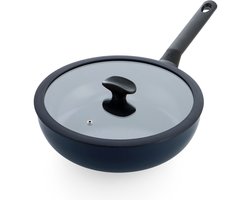 BK Enjoy Hapjespan 28cm met deksel – 3.4L – PFAS-vrije antikleeflaag – Hapjespan inductie – Keramische pan - Ovenbestendig tot 160°C – Koudgrepen - Met glazen deksel - Oxford Blue