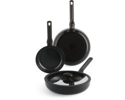BK Enjoy Pannenset 3-delig - 20/28cm - 3.4L - PFAS-vrije antikleeflaag – Pannenset inductie – Keramische pan - Ovenbestendig tot 160°C – Hapjespan 28cm met deksel - Koudgrepen - Zwart