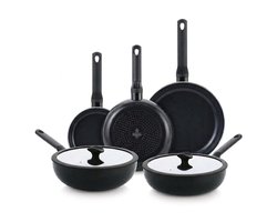 BK Enjoy Pannenset 5-delig - Koekenpannen 20/24/28cm - Hapjespan met deksel 28cm - Wokpan met deksel 28cm - PFAS-vrije antikleeflaag - Inductie pannenset - Keramische pannenset - Ovenbestendig tot 160°C - Koudgrepen - Zwart