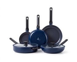 BK Enjoy Pannenset 5-delig - Koekenpannen 20/24/28cm - Hapjespan met deksel 28cm - Wokpan met deksel 28cm - PFAS-vrije antikleeflaag - Inductie pannenset - Keramische pannenset - Ovenbestendig tot 160°C - Koudgrepen - Oxford blue