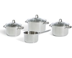 BK Essentials Pannenset 4-delig - 16/18/20cm -Zonder PFAS-vrije antikleeflaag - Pannenset inductie - Inductie kookpan - RVS pannenset - Ovenbestendig tot 230°C - Met glazen deksel - Zilver