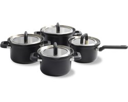 BK Flow Cool Black Pannenset 4-delig - 16/18/20cm - RVS pannenset - Inductie pannenset - Ovenbestendig tot 160°C - Koudgrepen - Met deksel - Zwart