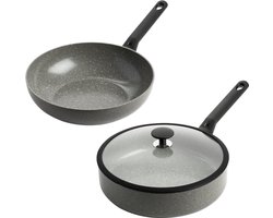 BK Granite Ceramic Pannenset 2‑delig – 28cm - 3.7/4.2L - PFAS-vrije antikleeflaag - Wokpan inductie - Hapjespan inductie - Keramische pan – Ovenbestendig tot 160°C – Hapjespan 28cm met deksel - Koudgrepen - Grijs