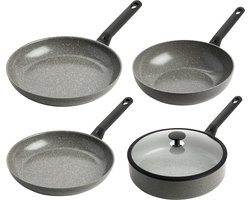 BK Granite Ceramic Pannenset 4‑delig - 28cm - 4.2L – PFAS-vrije antikleeflaag - Pannenset inductie - Keramische pan - Ovenbestendig tot 160°C – Hapjespan 28cm met deksel - Koudgrepen – Grijs