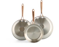 BK Rose 3-delige RVS Koekenpannenset - 20cm, 24cm, 28cm - roestvrij staal body en handgrepen - sandwichbodem - inductie koekenpan - inductie pannenset - ovengeschikt tot 200°C - geen antiaanbaklaag