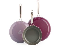 BK Sky Koekenpannenset 3-delig - 20/24/28cm - PFAS-vrije antikleeflaag - Koekenpan inductie - Keramische koekenpan - Ovenbestending tot 220°C - Zonder deksel - Violet