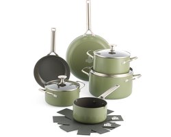 BK Sublime 11-delige pannenset met deksels - PFAS vrij - olive green - gouden stainless steel handgrepen - ovenbestendig tot 220°C