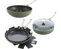 BK Sublime 6-delige pannenset met deksels - PFAS vrij - olive green - koekenpannen - wok - hapjespan - pannenset inductie - gouden stainless steel handgrepen - ovenbestendig tot 220°C